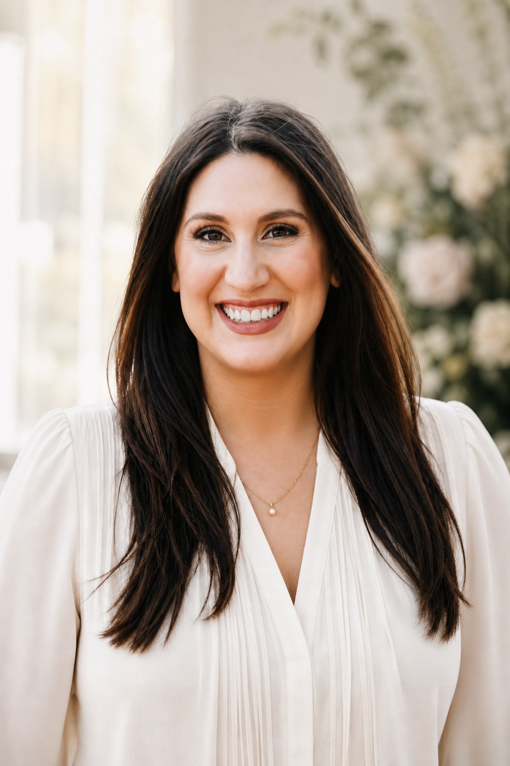 Jessica, founder of GlamlyHQ, smiling in a cream blouse in front of a window and pale florals.